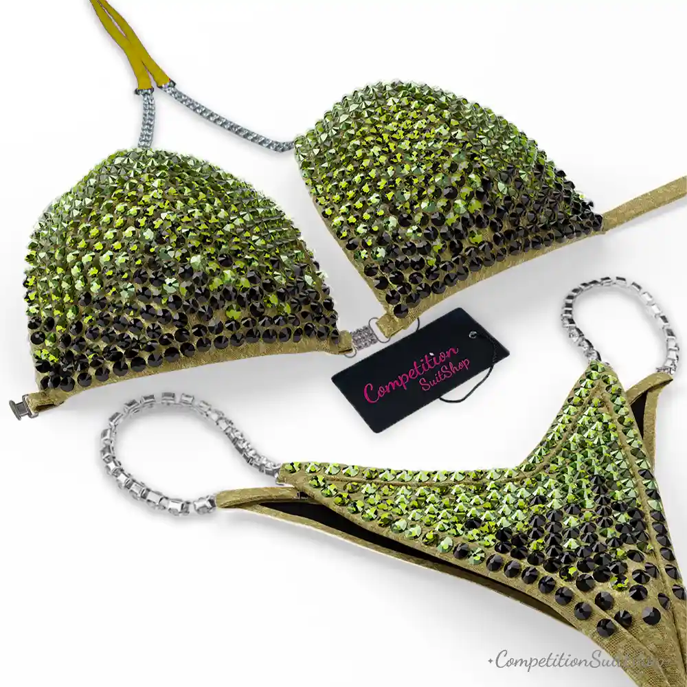 Green on Shattered Gold Elegance Bikini Competition Suit BM174-2